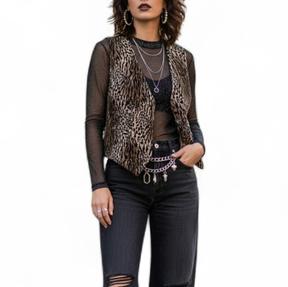 Vintage 80s Leopard Print Velvet Vest Satin Back M L